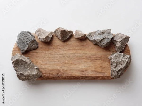 Fototapeta simple wooden board with irregular edge rocks on white background, soft lighting