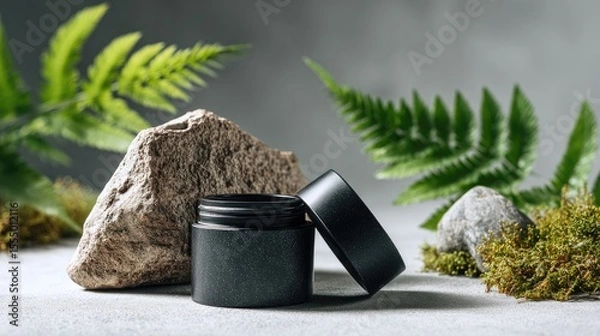 Fototapeta Black cosmetic jar mockup with rocks and green plant on white background, copy space for banner design.