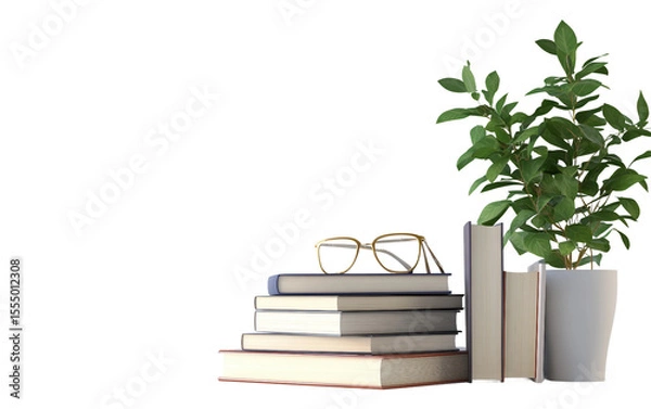 Fototapeta Minimalist desk setup featuring a neat arrangement of books and a potted plant highlighting simple workspace design isolated on transparent background PNG