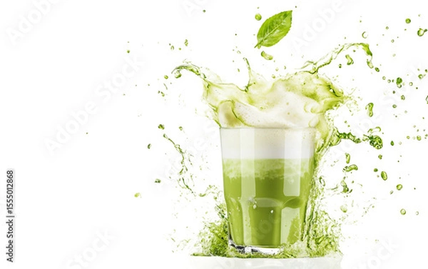 Fototapeta Refreshing and richly blended matcha latte in a clear glass showcasing its vivid green color and frothy finish isolated on transparent background PNG