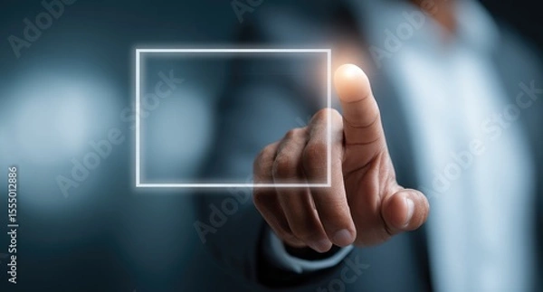 Fototapeta Businessman touching virtual screen with empty form icon on transparent glass interface,  finger pointing to blank page in air
