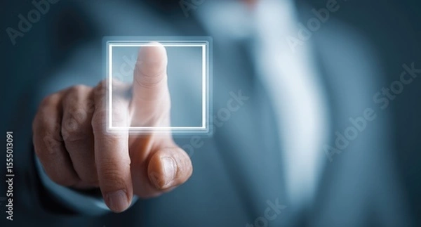 Fototapeta Businessman touching virtual screen with empty form icon on transparent glass interface,  finger pointing to blank page in air