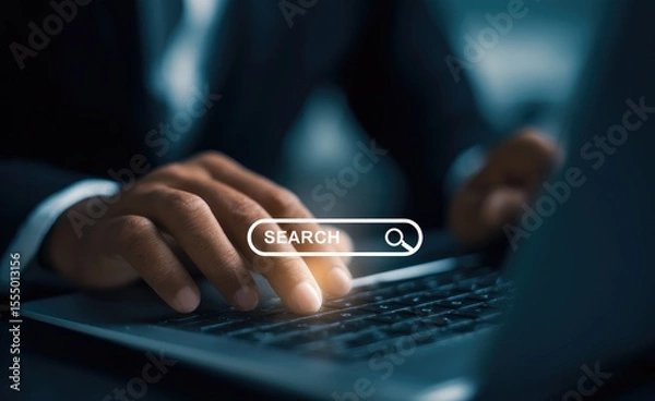 Fototapeta Close-up of businessman's hands typing on laptop keyboard with virtual screen showing search bar and magnifying glass icon