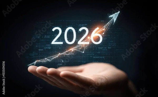 Fototapeta A hand holding a rising arrow with a glowing digital graph and "2026" text on dark background