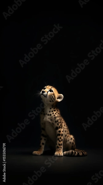 Fototapeta Cheetah Cub Looking Up on Black Background