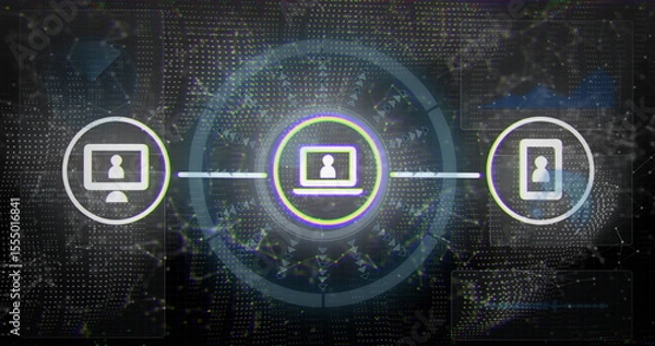 Obraz Highlighting laptop icon glowing halo rings on network grid with desktop monitor, smartphone icons