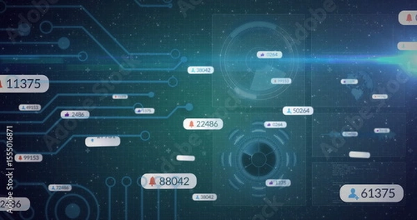 Fototapeta Displaying two circular HUD elements glowing on holographic dashboard, showing numeric data nodes