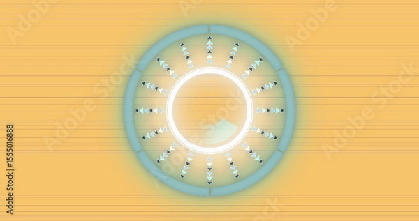 Fototapeta Displaying concentric rings rotating over warm gradient interface, with radial arrowheads
