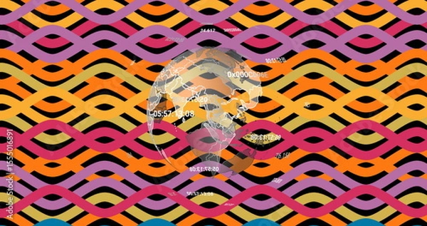Fototapeta Rotating globe with map outlines in digital space with floating numeric data and colorful ribbons