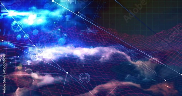 Fototapeta Visualizing cloud shapes merging in cyber environment, with neon wireframe grid and glowing nodes