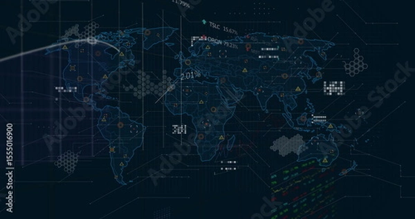 Fototapeta Displaying world map dashboard on desktop, showing hexagonal clusters, warning icons and data panel