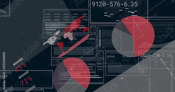 Fototapeta Displaying digital analytics dashboard in virtual interface, with world map and pie charts