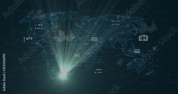 Fototapeta Displaying world map on interface, showing hexagon grids, circular data nodes and light flare