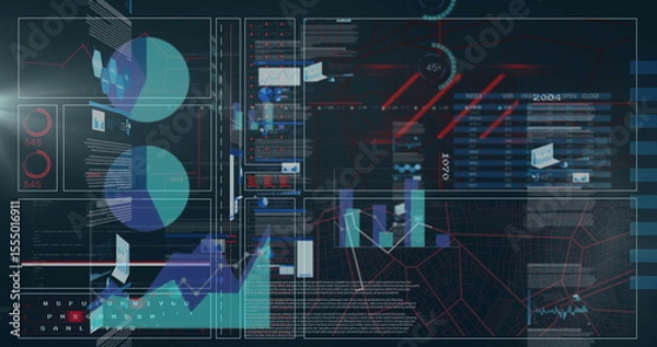 Fototapeta Displaying futuristic data dashboard showing pie charts, bar graphs and map overlay on dark grid