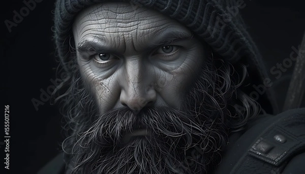Fototapeta Close-up portrait of a weathered, bearded man with a serious expression