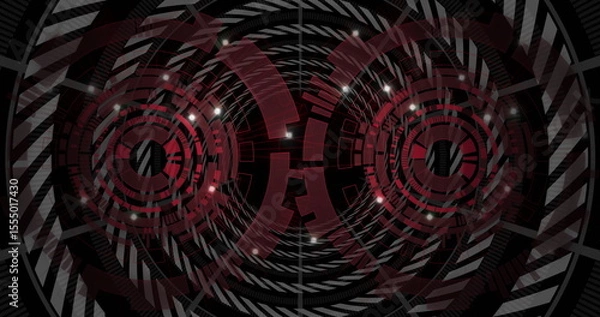 Fototapeta Displaying twin red concentric interfaces glowing at center of virtual tunnel, with grid overlays