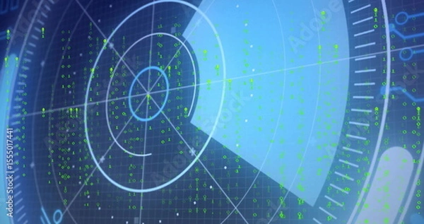 Fototapeta Displaying circular radar display scanning at console with concentric rings and green binary digits