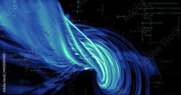 Fototapeta Twisting glowing blue data stream flowing through cyberspace tunnel with code snippets and binary