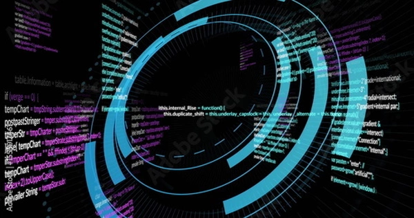 Fototapeta Animating interface with blue arcs and radial indicators showing code snippets and functions