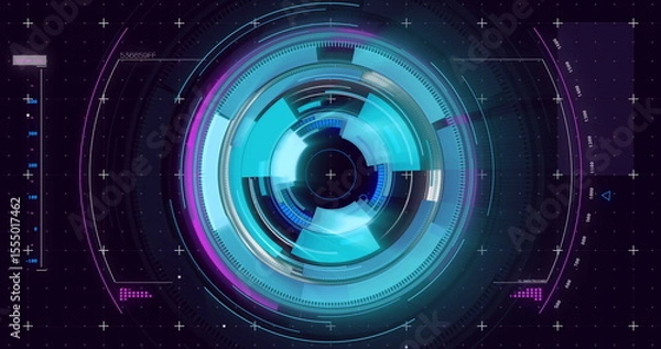 Obraz Displaying circular HUD graphic on screen, with rings, crosshair reticles and alphanumeric readouts