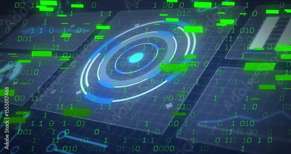 Fototapeta Displaying central circular HUD in grid interface, with floating green binary digits and data bars