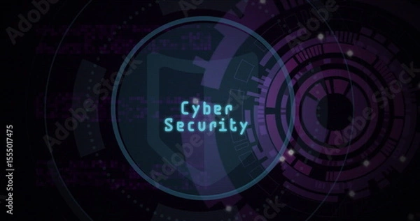 Fototapeta Pixelated Cyber Security within glowing cyan circular frame pulsing in digital UI, with UI elements