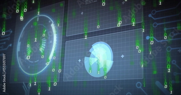Obraz Projecting HUD element floating in control interface, with binary code streams, panels, grid