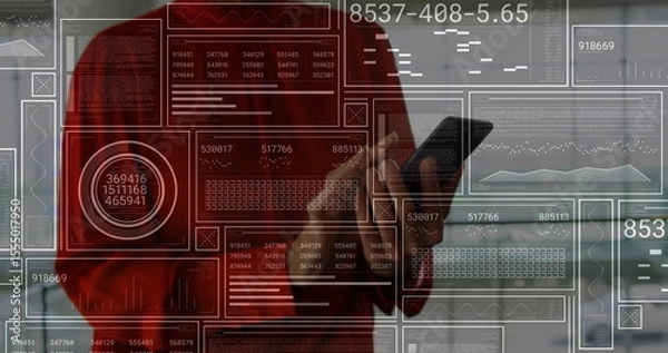 Obraz Holding smartphone businesswoman in red blazer viewing digital HUD panels in office, business theme