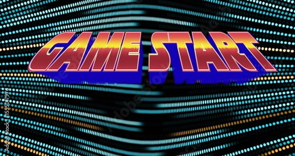 Obraz Floating 3D neon GAME START text hovering over wave grid in futuristic display, with glowing dots