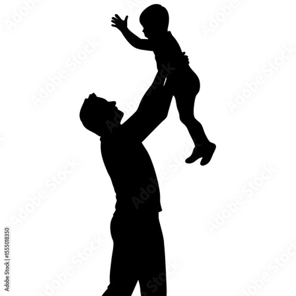 Fototapeta Silhouette of Father Lifting Child on White Background, Minimalist Black Silhouette of Father and Child, Silhouette Scene of Dad and Child on White Background