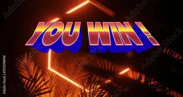 Fototapeta Glowing neon text YOU WIN! shining on dark digital stage, with hexagon frame and palm leaves