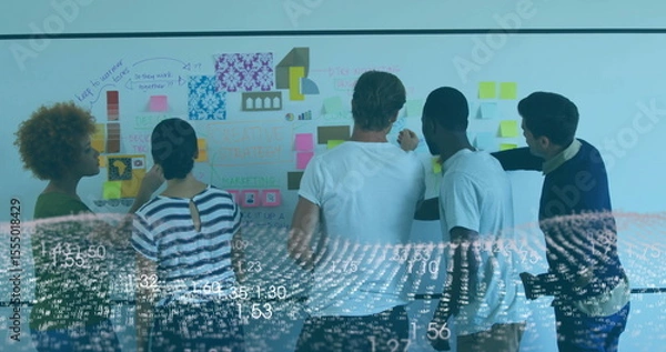 Fototapeta Collaborating five colleagues using whiteboard with sticky notes, charts and data overlay in office