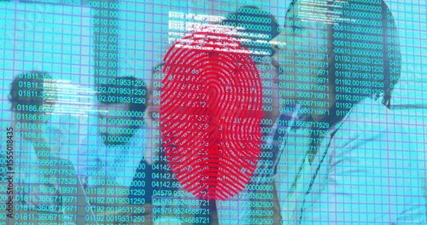 Obraz Scanning mid adult office worker verifying identity at desk, with laptop and fingerprint graphic