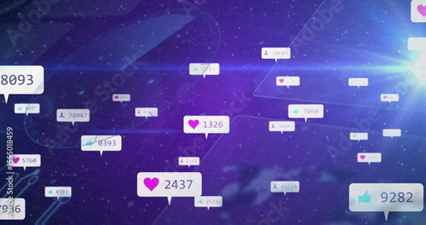 Obraz Floating notification bubbles displaying heart, thumbs-up, follower counts over cosmic backdrop