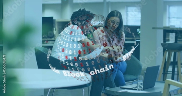 Fototapeta Discussing blockchain technology, diverse colleagues with digital binary globe overlay in office