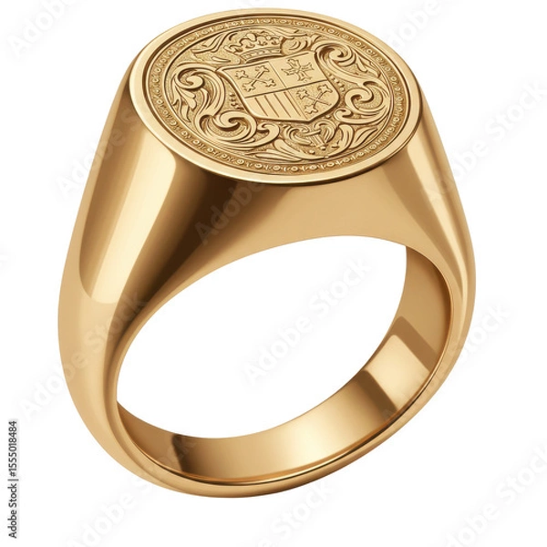 Obraz A detailed view of an ornate gold signet ring featuring a crest design, ideal for jewelry showcases