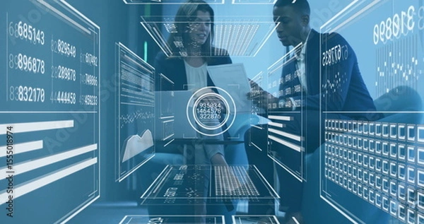 Fototapeta In office, business professionals analyzing data with digital interface overlay