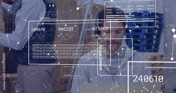 Fototapeta Digital data and network connections image over people working in office