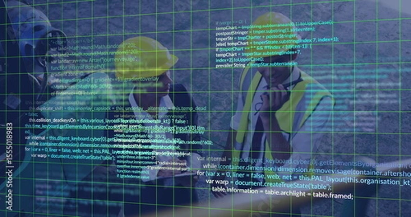 Obraz Reviewing plans, construction workers with digital image overlay on site