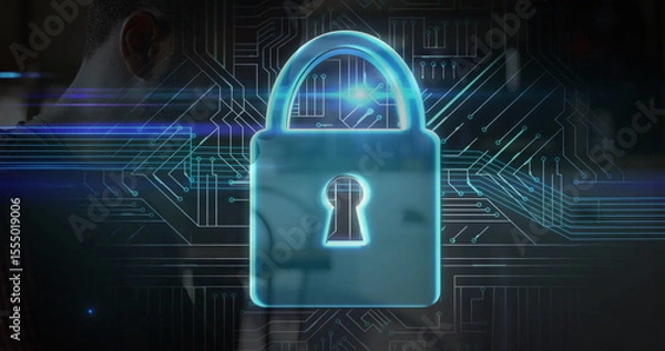 Obraz Displaying blue glowing padlock icon in virtual circuit board interface, with dark shirt silhouette