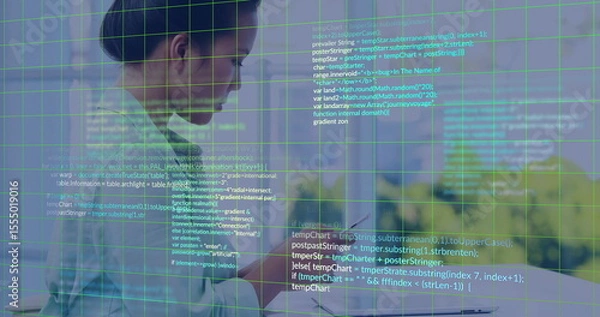 Fototapeta Programming code overlaying scene, business professional using smartphone in office