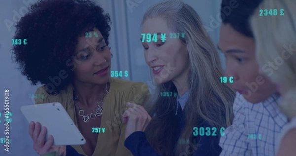 Fototapeta In school, image of diverse business team discussing financial data with symbols