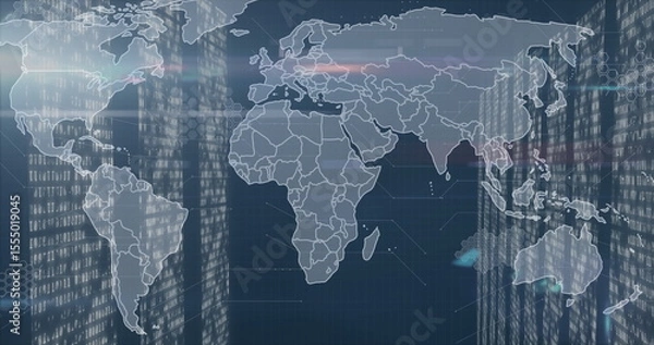 Obraz World map with digital data processing image over skyscraper background