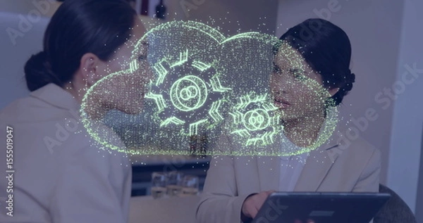 Fototapeta Two professionals discussing technology with cloud and gears image overlay