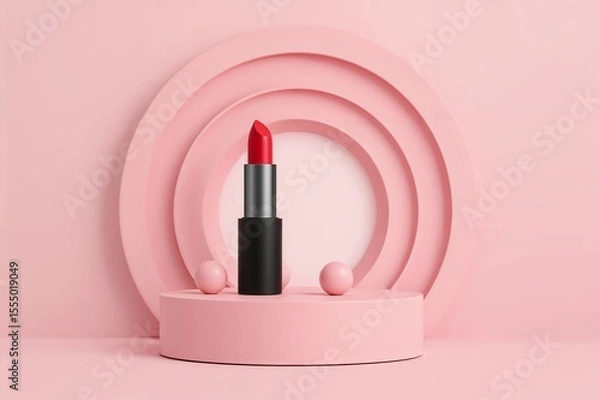 Obraz A red lipstick on a pink pedestal with pink circles and spheres in a studio setting for promotion