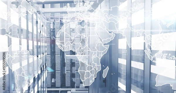 Fototapeta Data servers in modern facility with world map overlay image