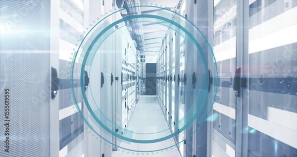 Fototapeta Extending white server cabinets forming long corridor in data center, with digital overlay graphic