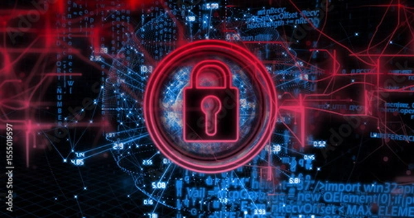 Obraz Image of red padlock icon over digital network with binary code background