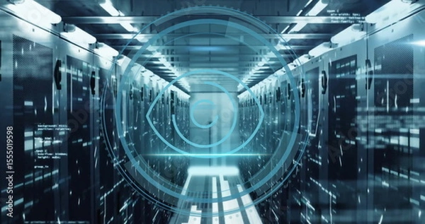 Fototapeta Futuristic data processing image over server racks in technology center