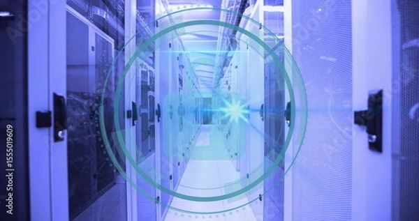 Fototapeta Futuristic digital interface image over modern data center server racks